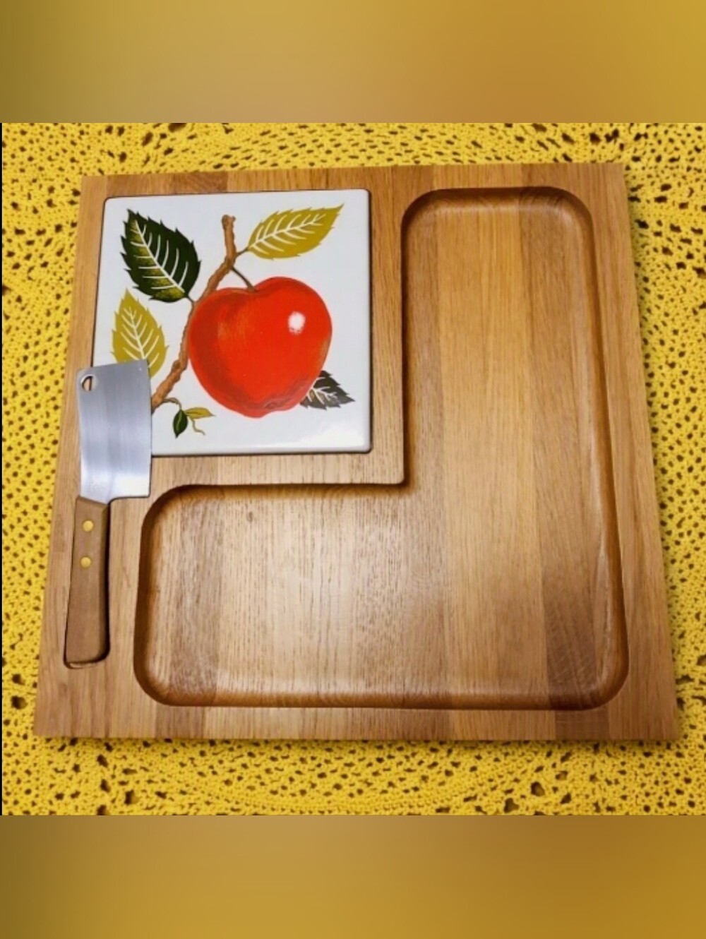 β¨οΈ Vintage Mid Century Wood/Ceramic π Apple Tile π§ Cheese & Crackers Board Set